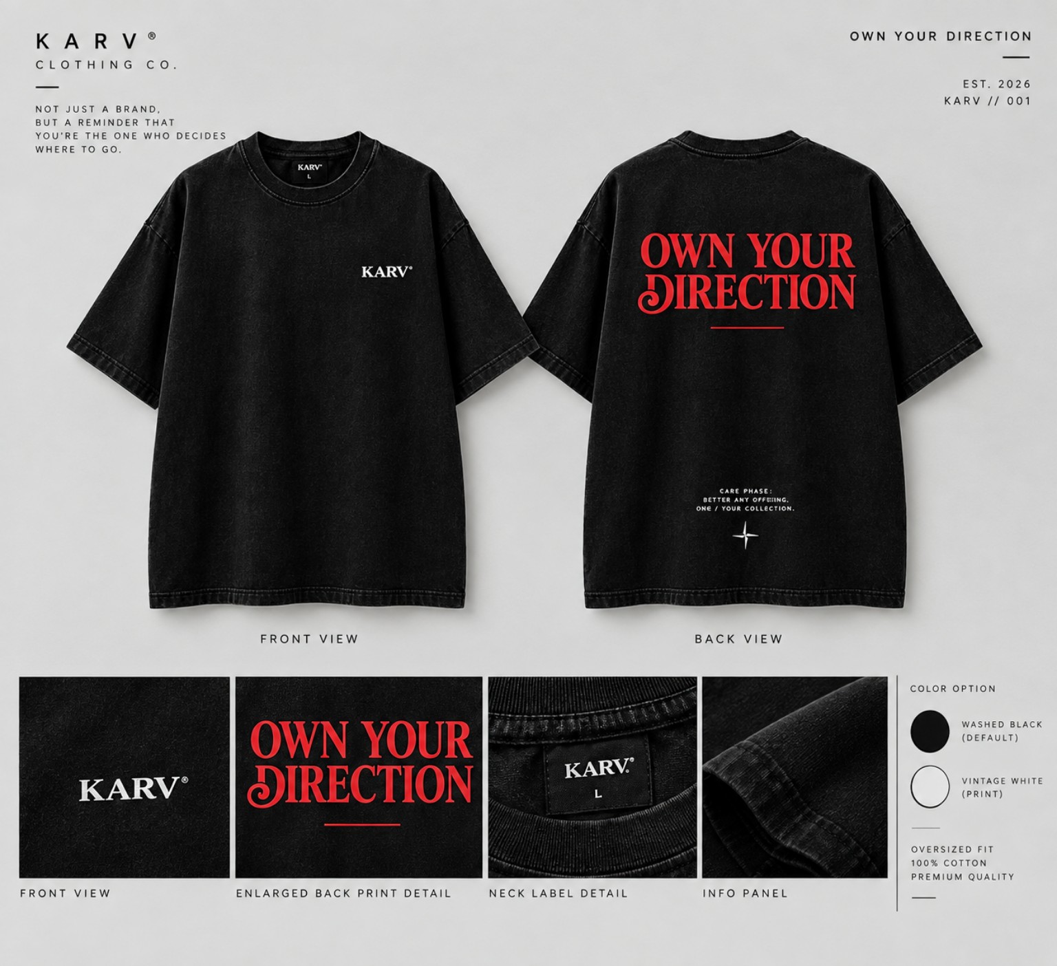 Desain kaos KARV Own Your Direction, tampak depan dan belakang